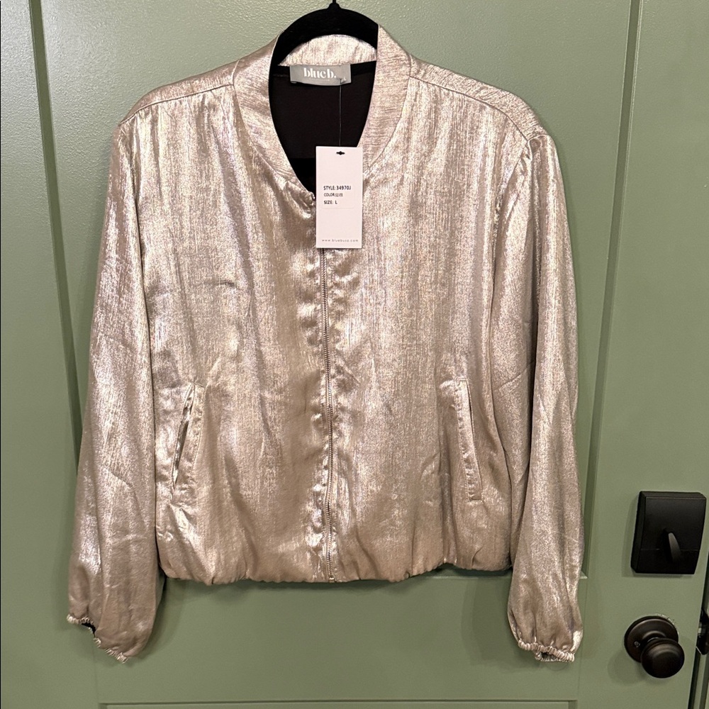 Blush. Metallic Champagne Bomber Jacket